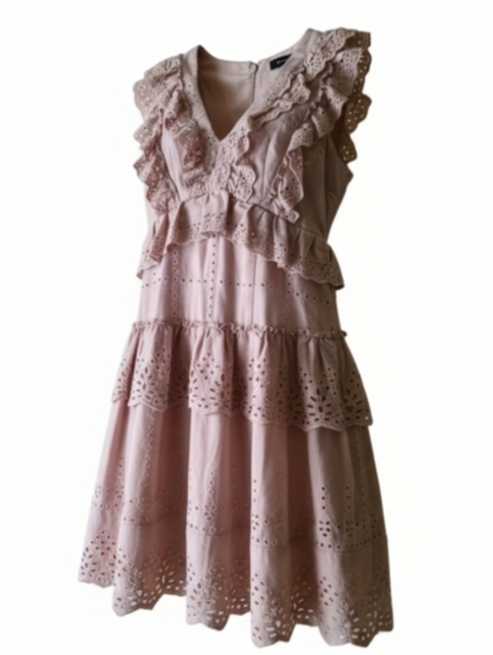 BCBGMAXAZRIA | Dusty Rose Eyelet Tiered Mini Dress 🌸✨ Size 4. EUC.